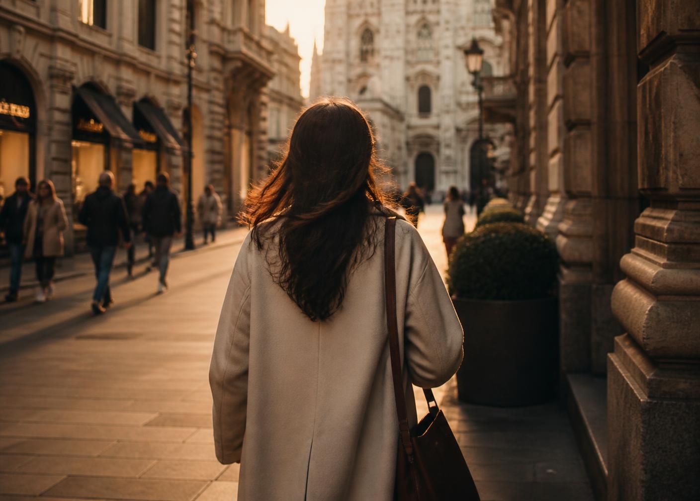 A woman walking a sunlit street in Milan, shopping bag in hand