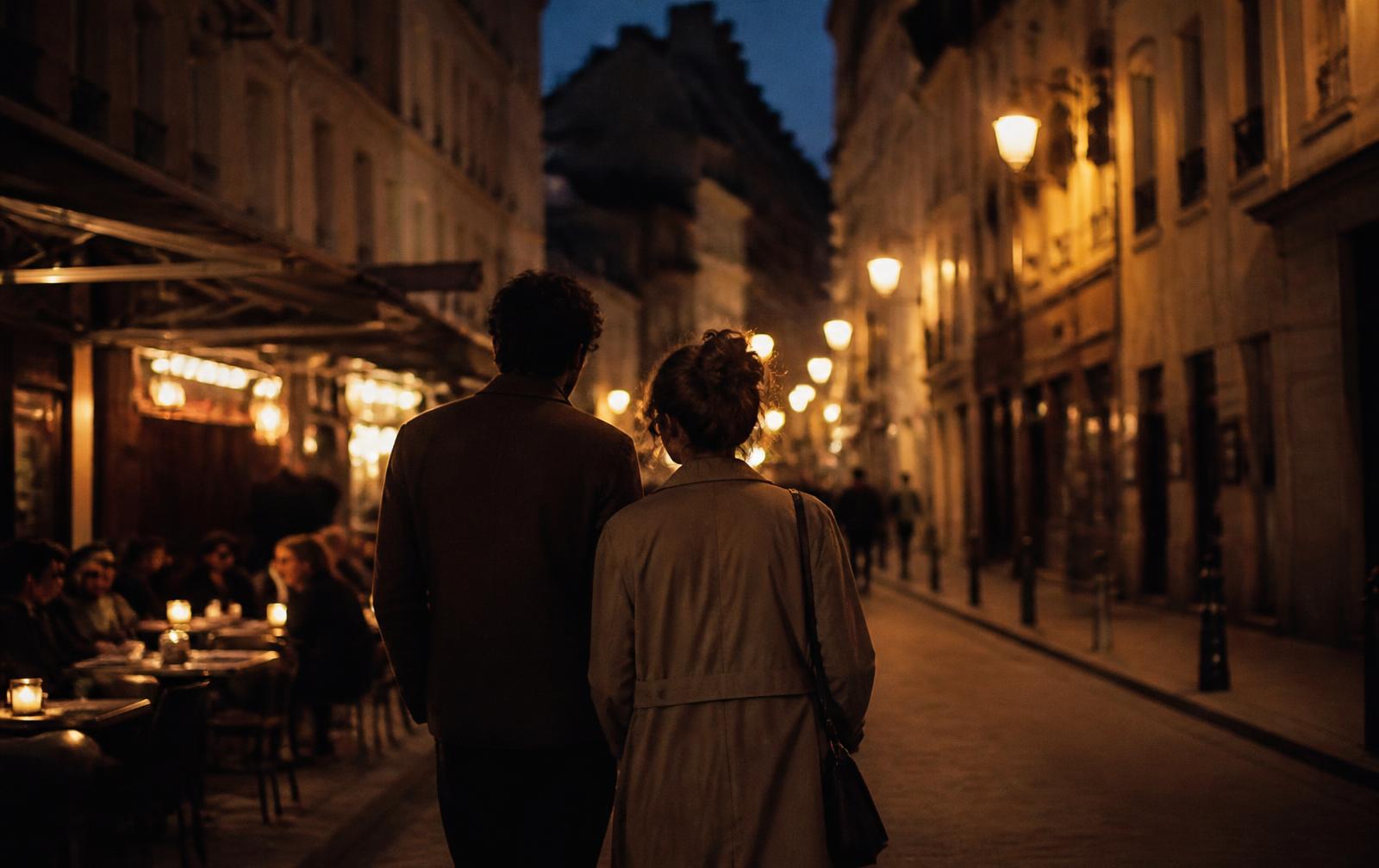 Two people walking into a lamplit evening street