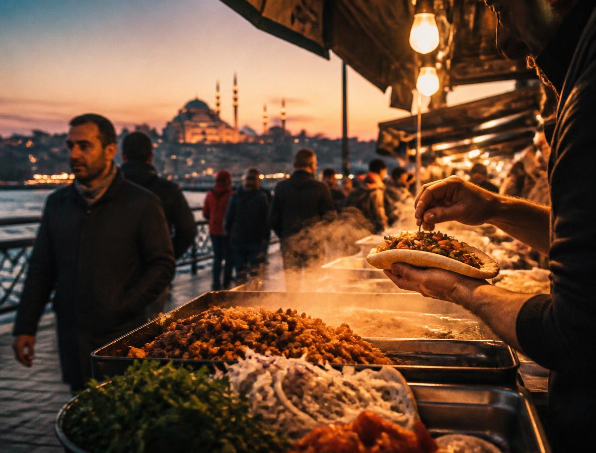 Istanbul street food stand glowing at dusk with the skyline behind