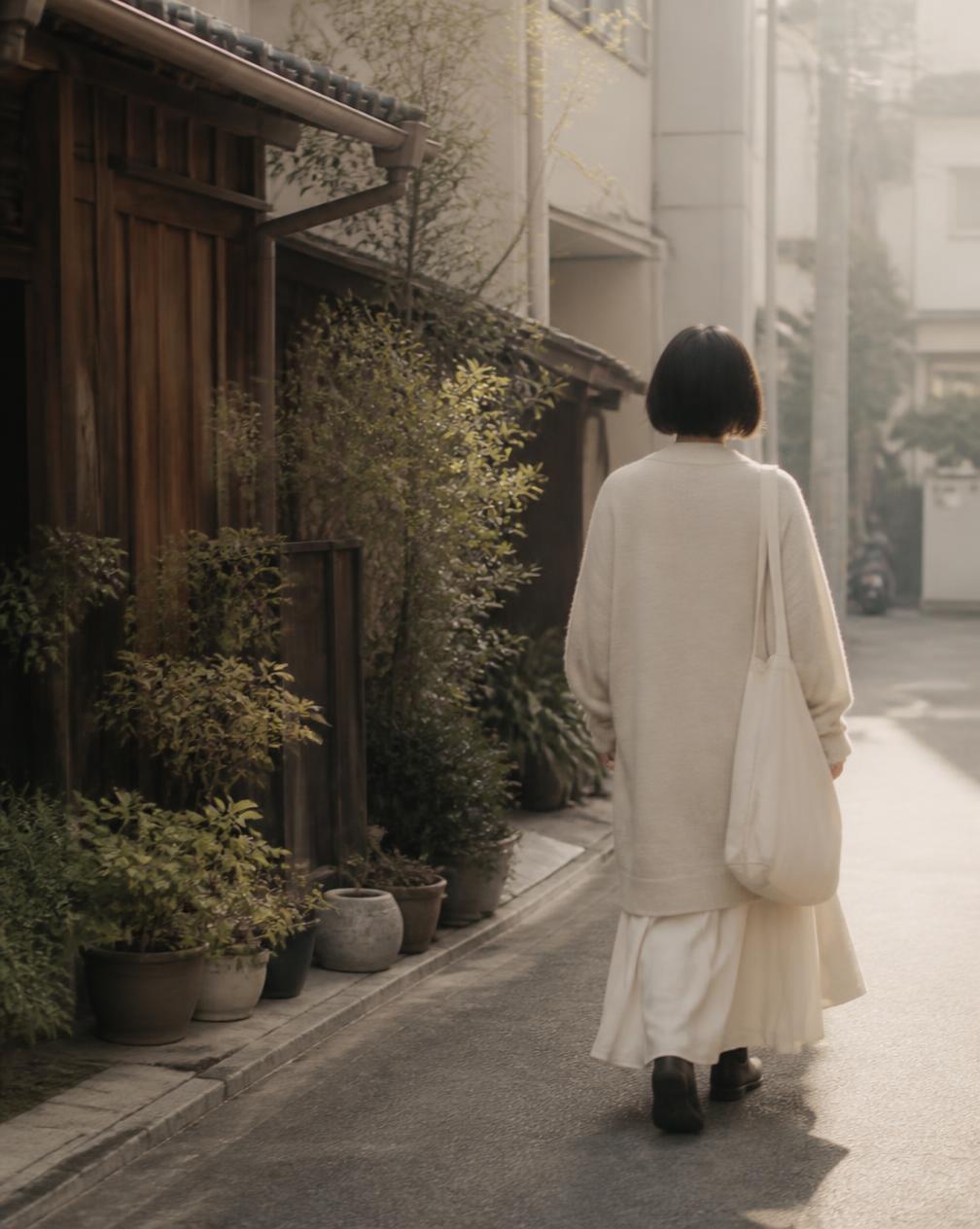A woman walking a quiet Tokyo backstreet in soft morning light